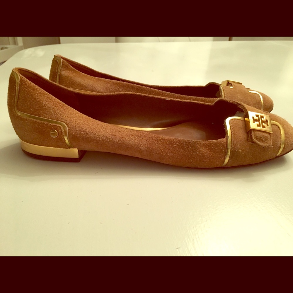 Tory Burch Brown Suede Flats Gold Accents